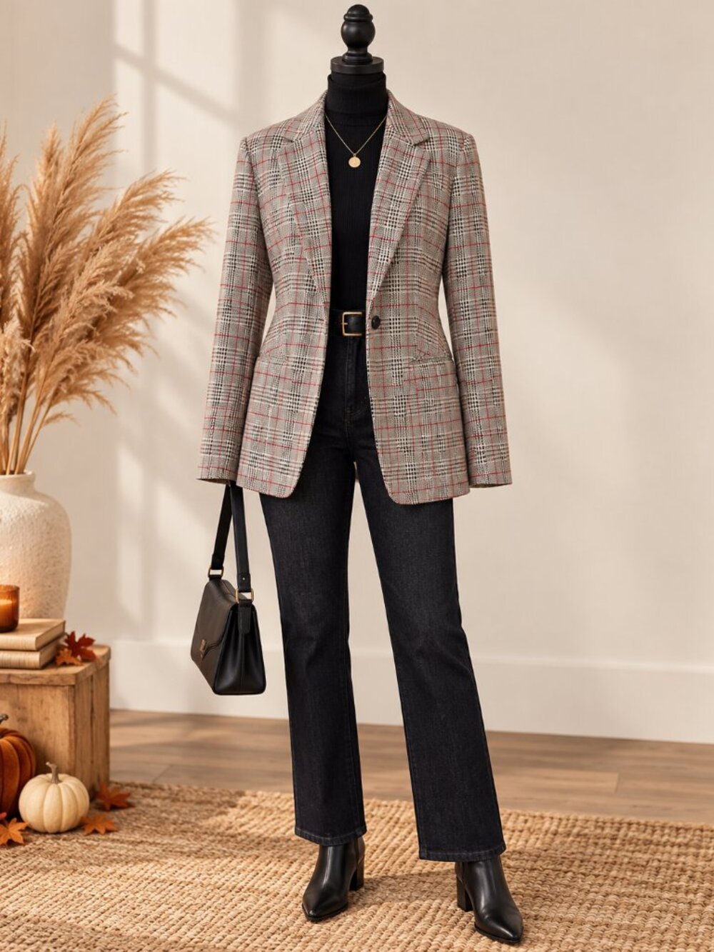 Calvin Klein Women’s Plaid Blazer XL Glen Check Houndstooth Red Black